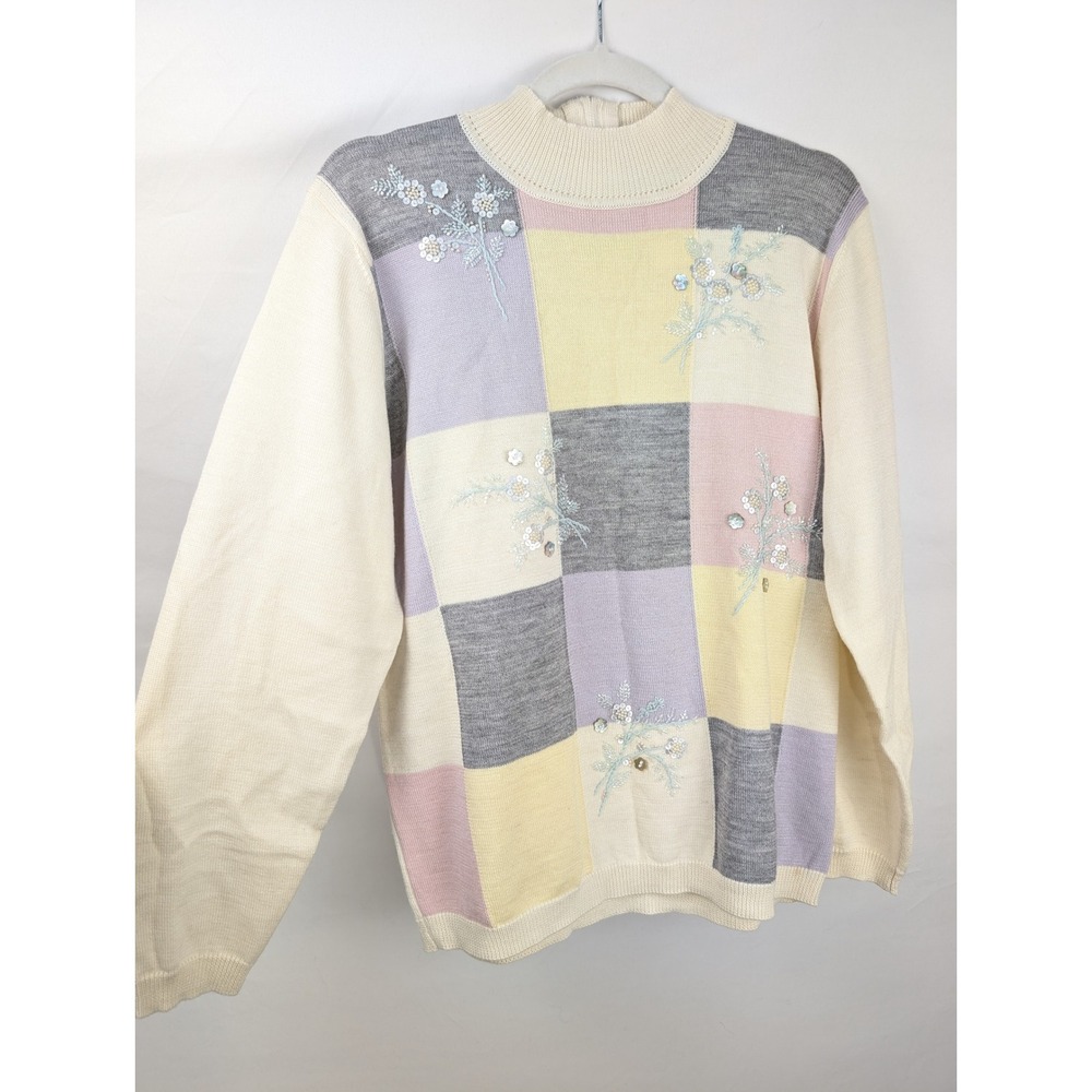 Vintage 90s Patchwork Floral Embroidered Sweater S Colorblock Pastel Cottagecore